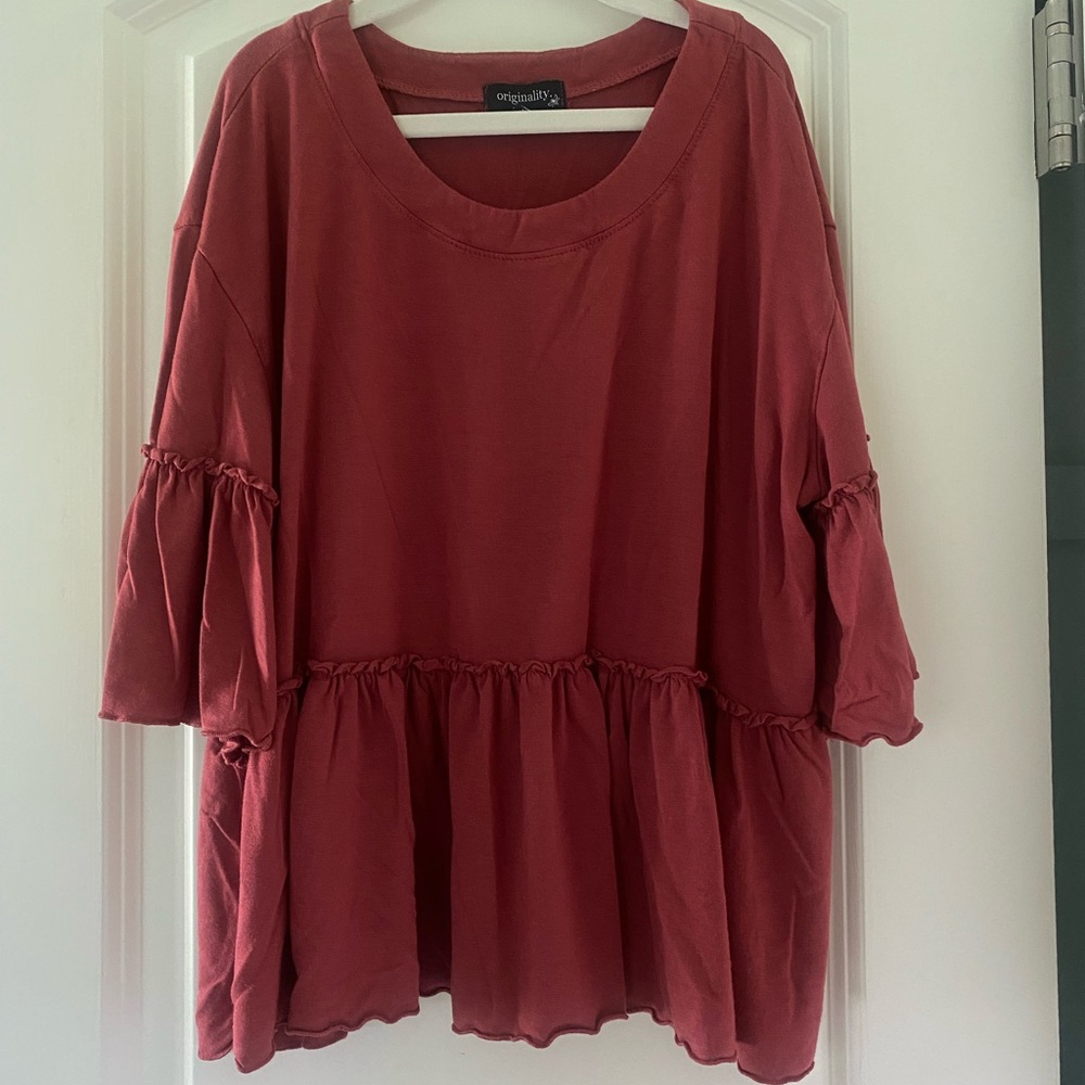 Dry Goods Red Bell Sleeve Blouse with Ruffled Details